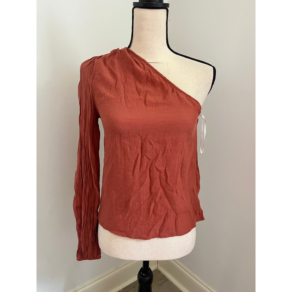 Rust Brown One Shoulder Blouse Womens XS Crepe Long‎ Puff Sleeve Top Boho Chic